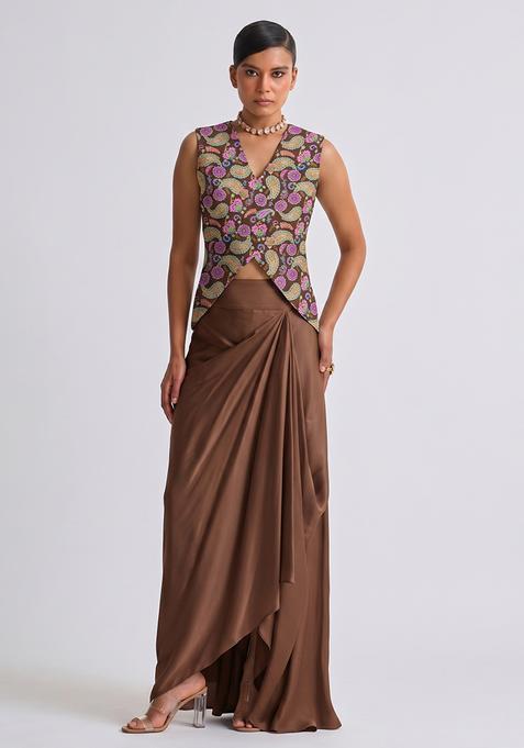 Chocolate Brown Silk Blend Printed Fusion Set