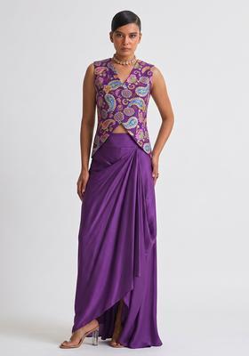 Purple Printed Crepe Fusion Set