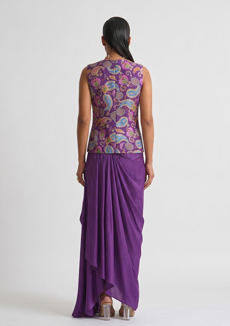 Purple Printed Crepe Fusion Set - Indya