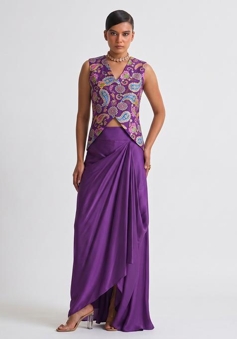 Purple Printed Crepe Fusion Set