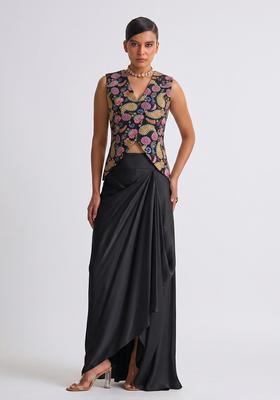 Black Printed Crepe Fusion Set