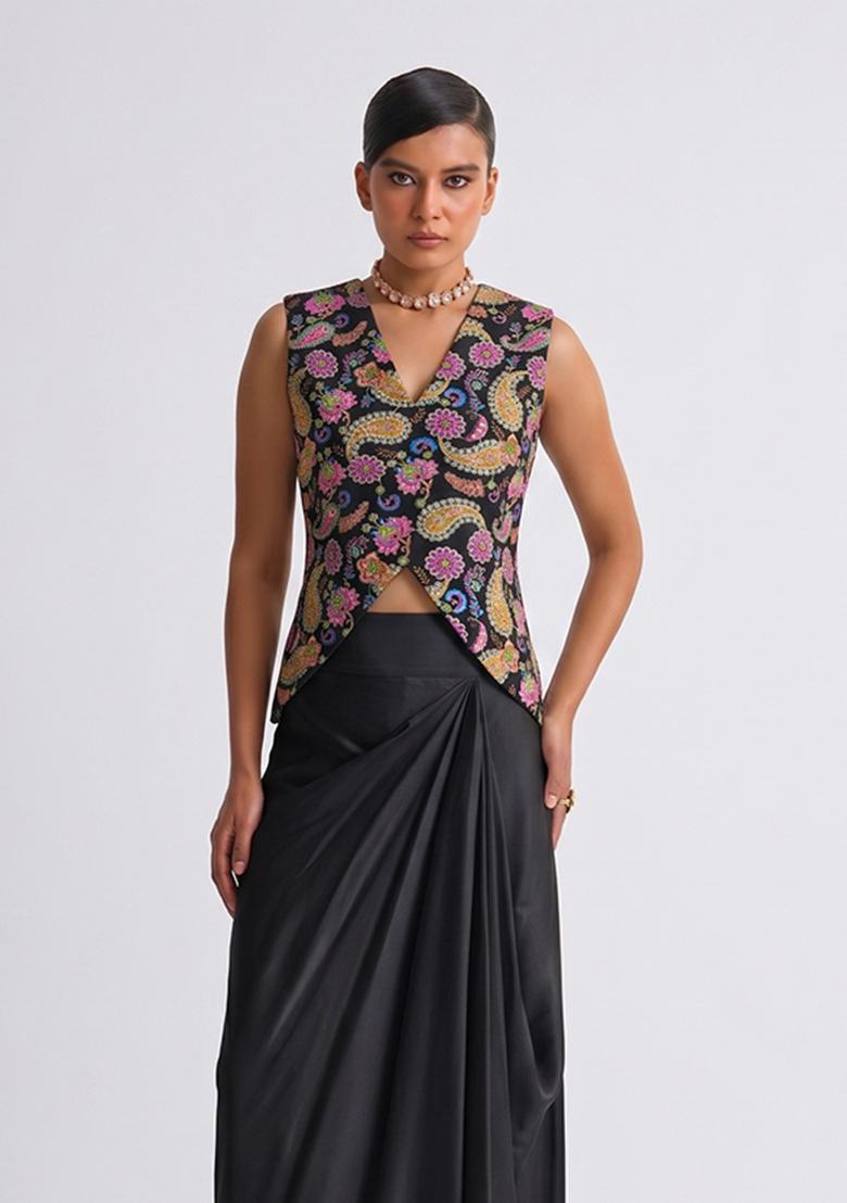 Black Printed Crepe Fusion Set - Indya