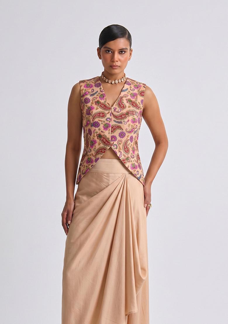 Beige Printed Crepe Fusion Set - Indya