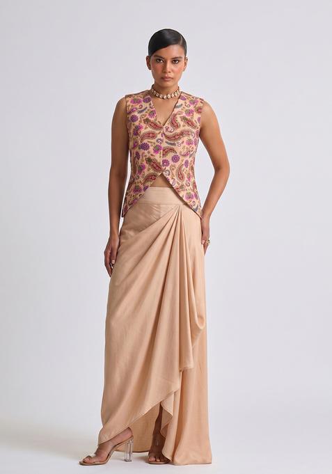 Beige Printed Crepe Fusion Set
