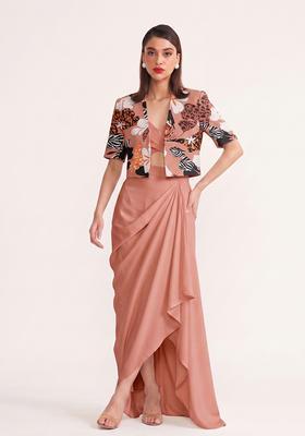 Peach Printed Crepe Fusion Set