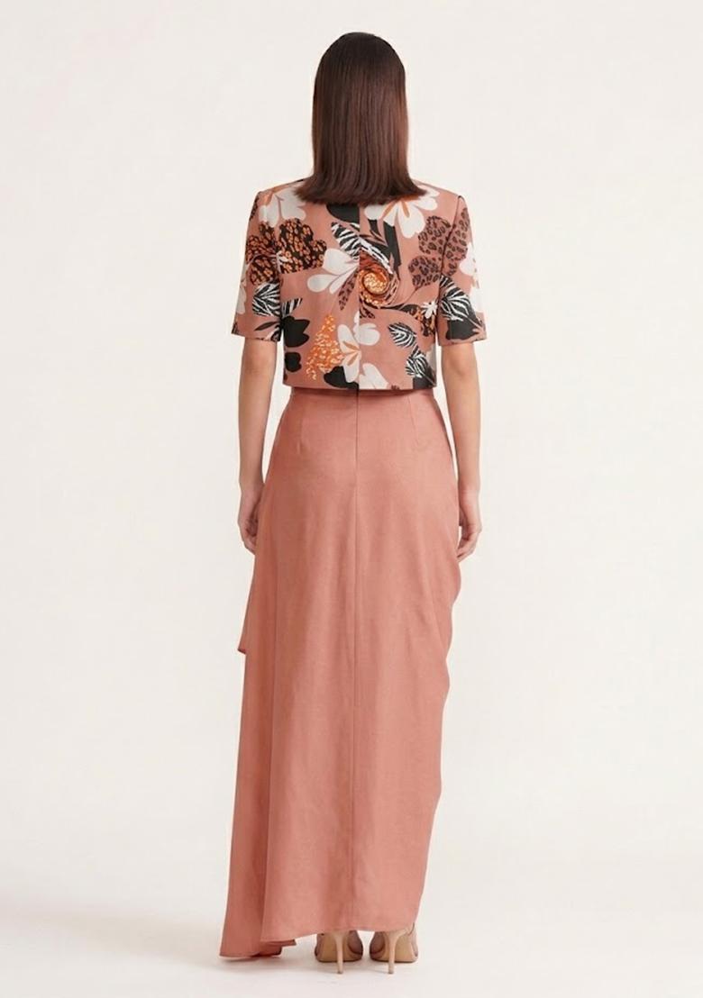 Peach Printed Crepe Fusion Set - Indya
