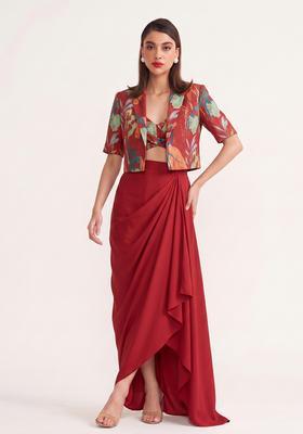 Red Printed Crepe Fusion Set