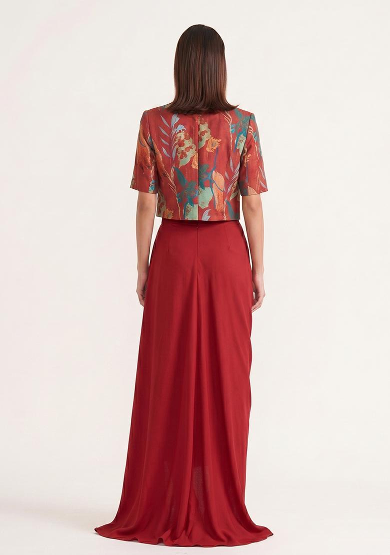 Red Printed Crepe Fusion Set - Indya
