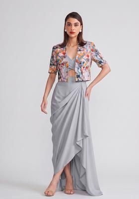 Grey Printed Crepe Fusion Set