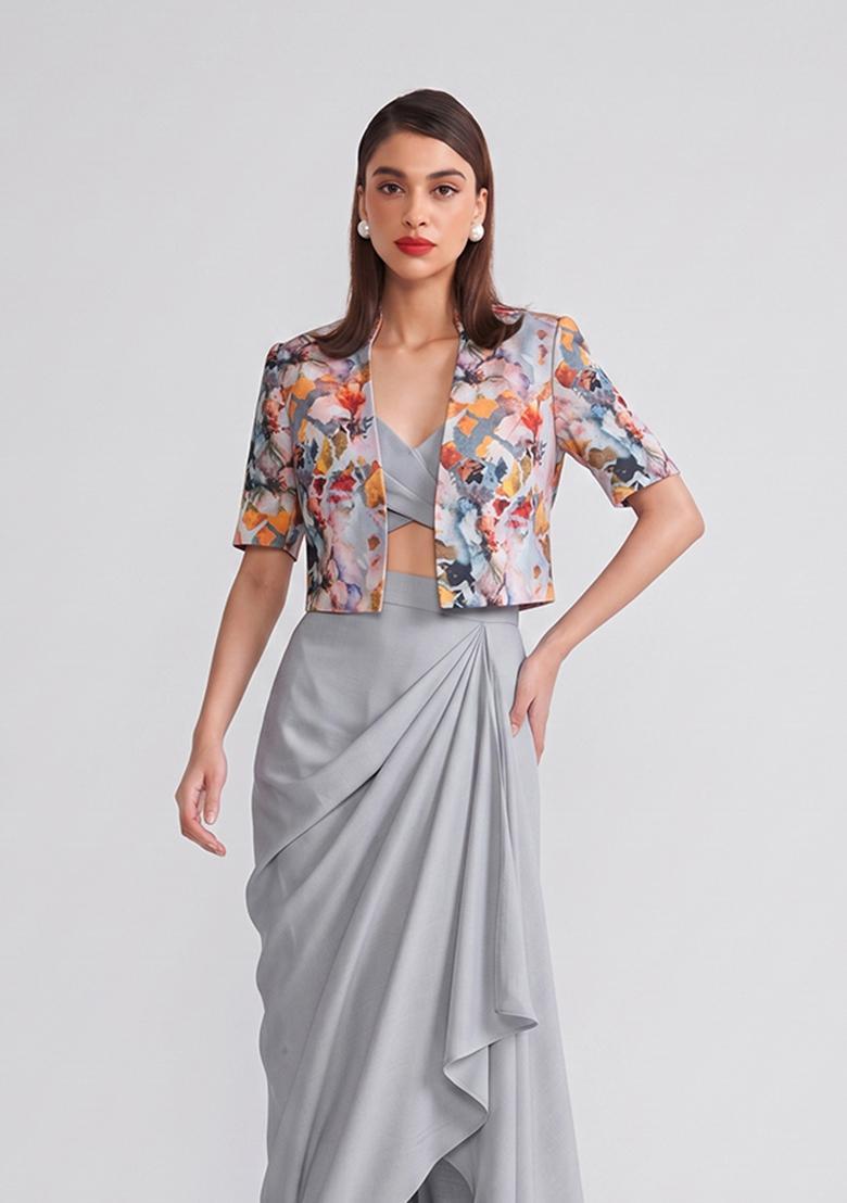 Grey Printed Crepe Fusion Set - Indya