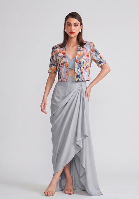 Grey Printed Crepe Fusion Set