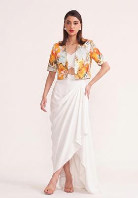 White Printed Crepe Fusion Set