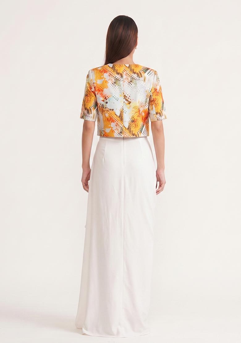 White Printed Crepe Fusion Set - Indya