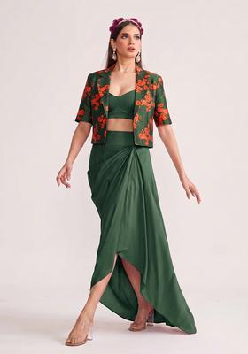 Bottle Green Printed Silk Fusion Set