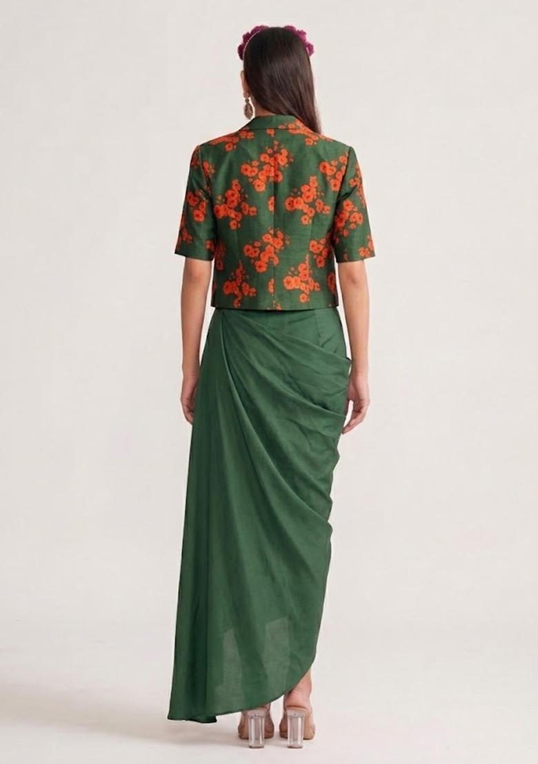 Bottle Green Printed Silk Fusion Set - Indya