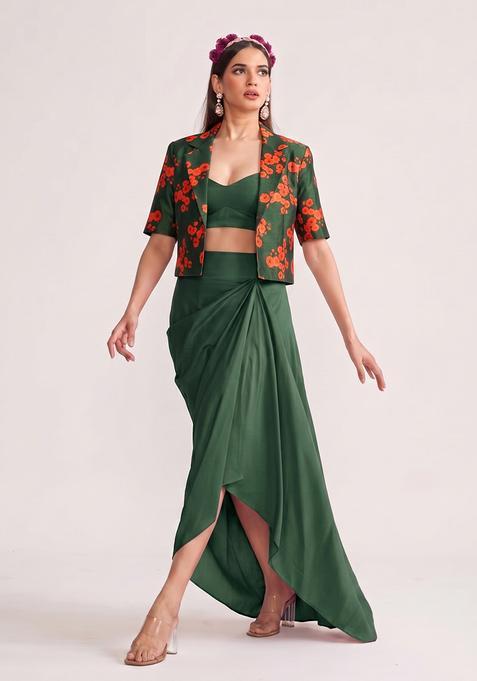 Bottle Green Printed Silk Fusion Set