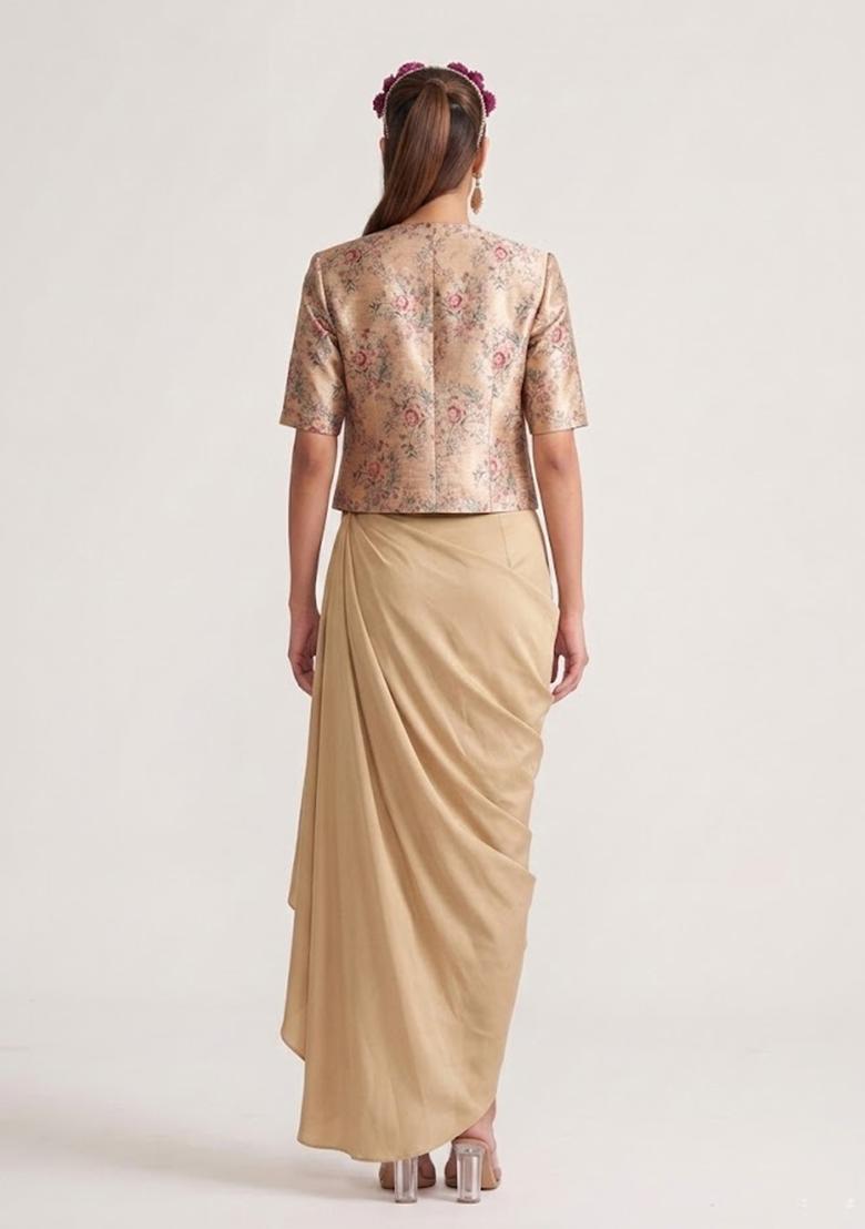 Champagne Printed Silk Fusion Set - Indya