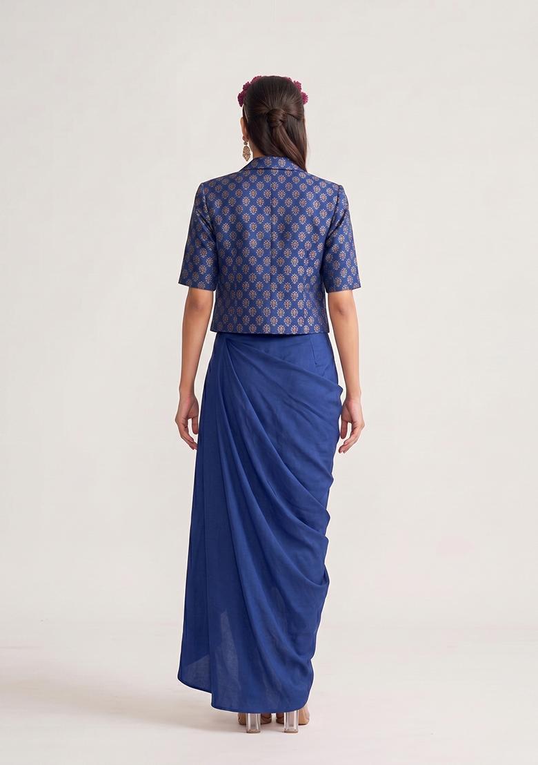 Royal Blue Printed Silk Fusion Set - Indya