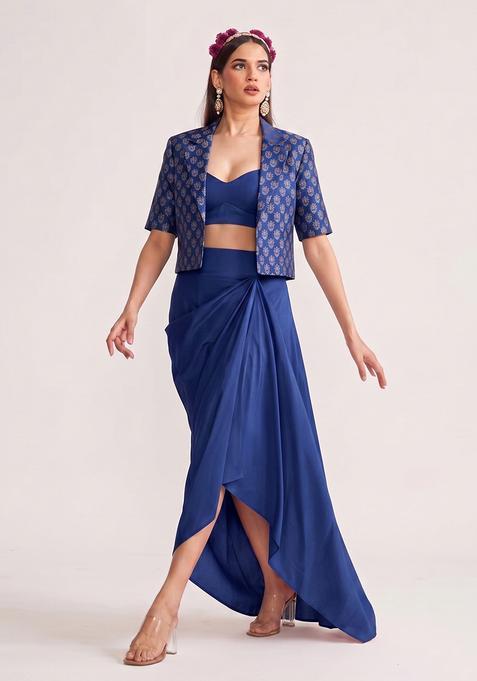 Royal Blue Printed Silk Fusion Set
