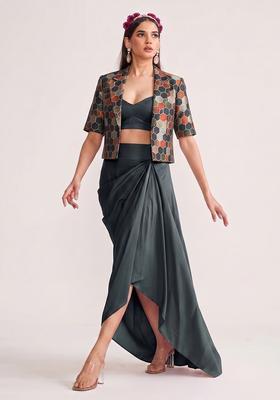 Charcoal Grey Printed Silk Fusion Set