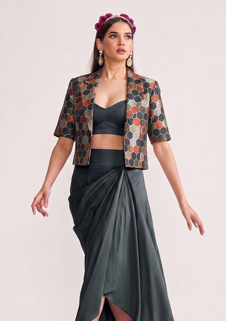Charcoal Grey Printed Silk Fusion Set - Indya