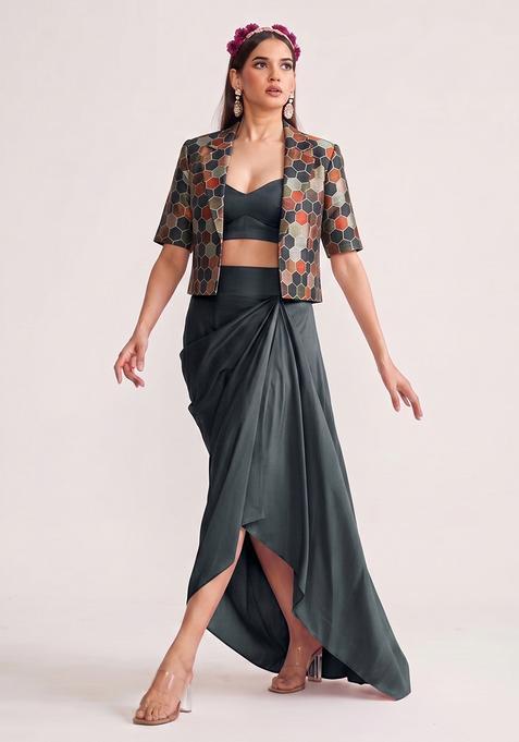 Charcoal Grey Printed Silk Fusion Set