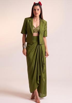 Olive Green Embroidered Crepe Fusion Set
