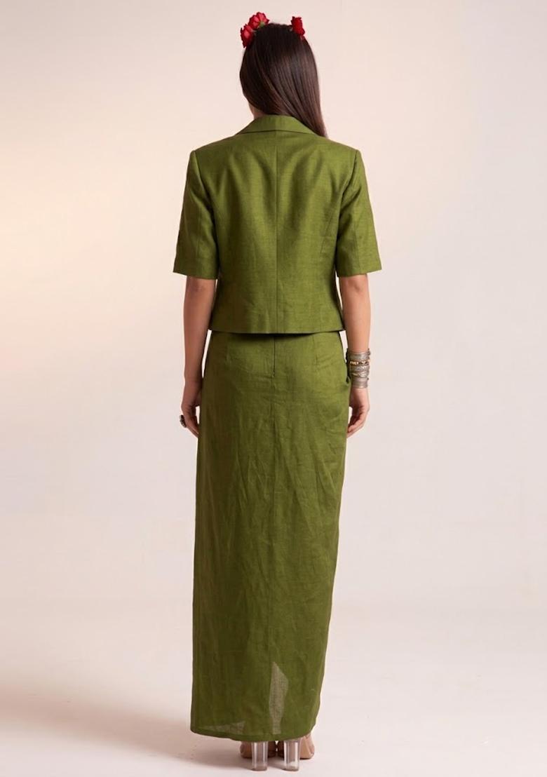 Olive Green Embroidered Crepe Fusion Set - Indya