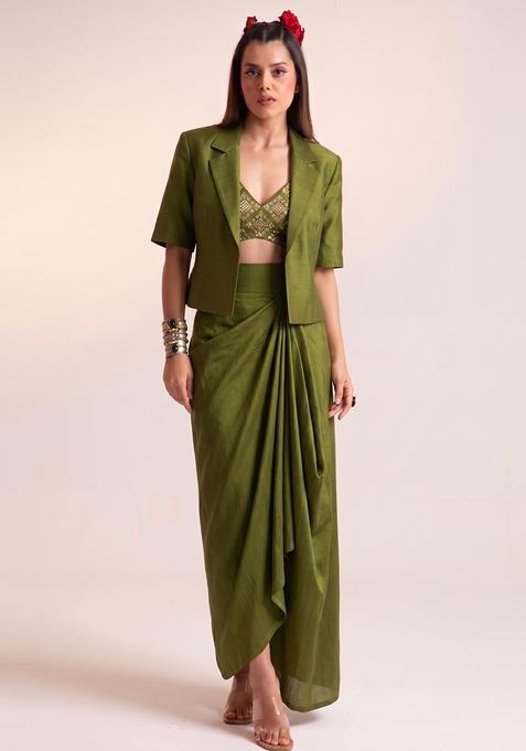 Olive Green Silk Blend Embroidered Fusion Set