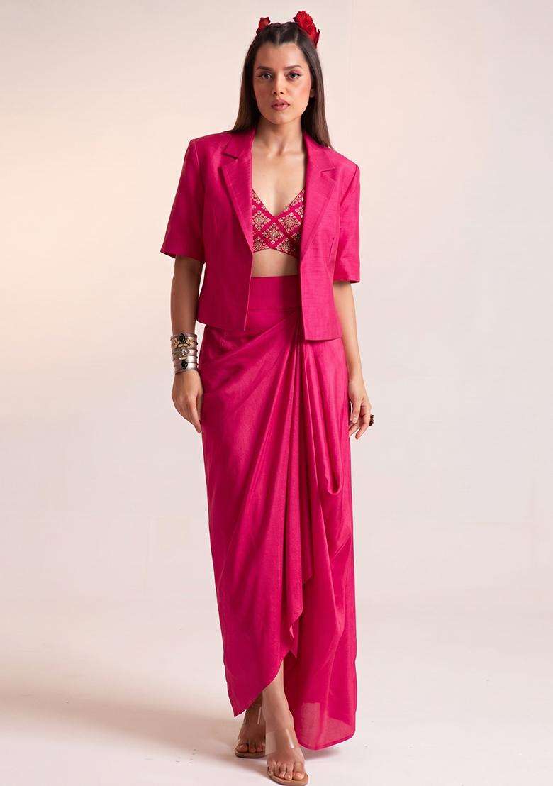 Rani Pink Embroidered Crepe Fusion Set - Indya