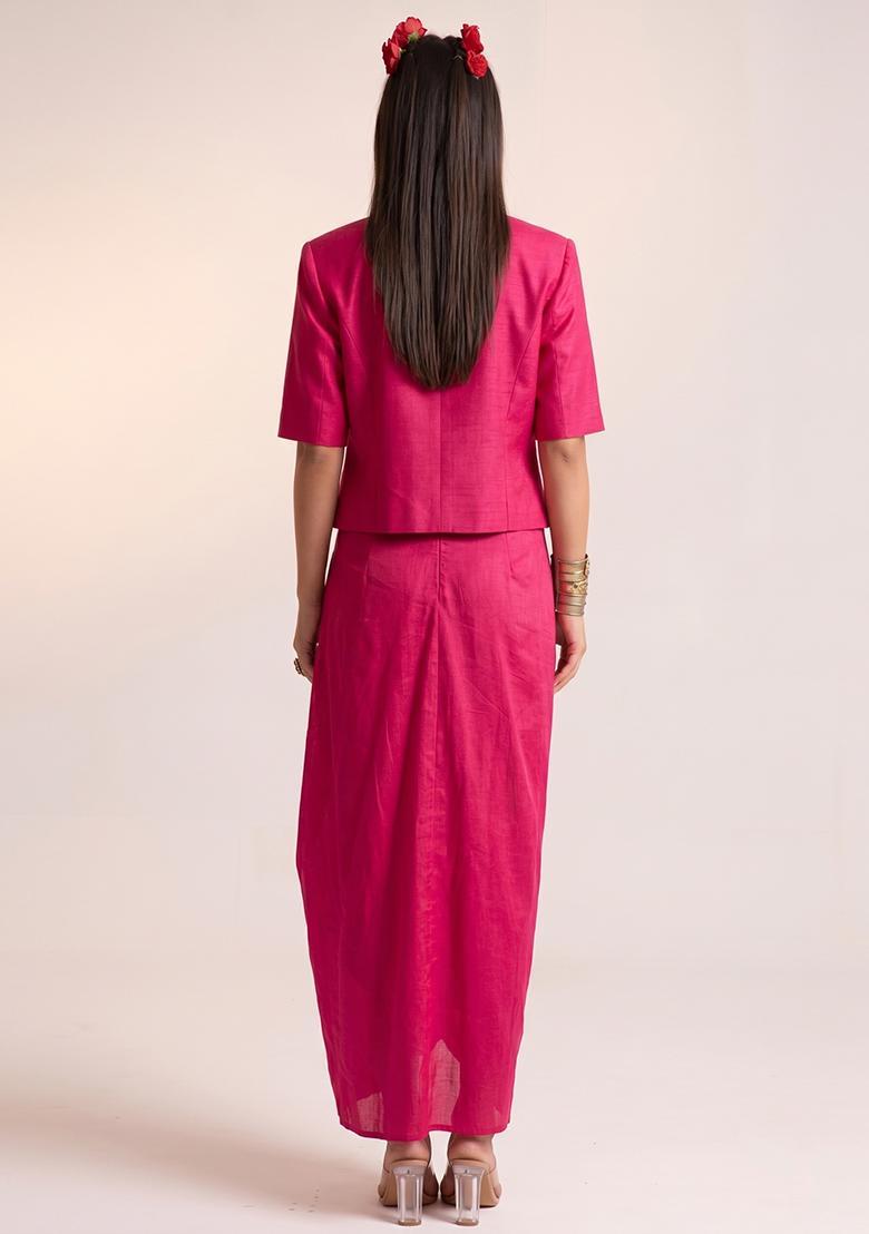Rani Pink Embroidered Crepe Fusion Set - Indya