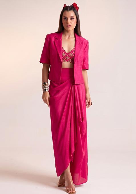 Rani Pink Embroidered Crepe Fusion Set