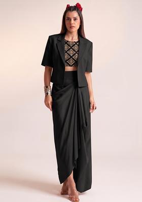 Black Embroidered Crepe Fusion Set