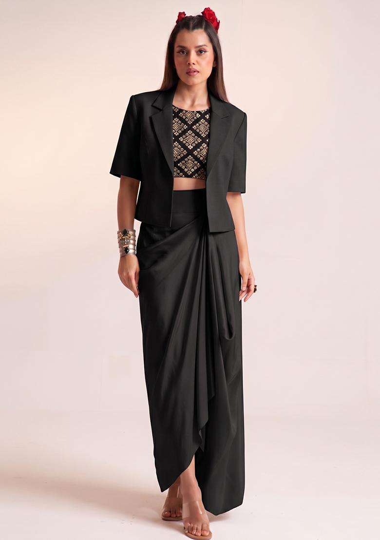 Black Embroidered Crepe Fusion Set - Indya