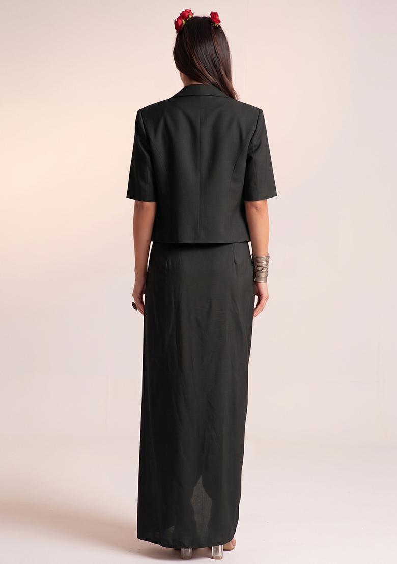 Black Embroidered Crepe Fusion Set - Indya