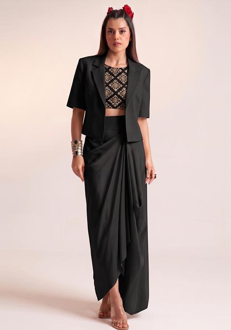 Black Embroidered Crepe Fusion Set