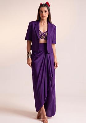 Purple Embroidered Crepe Fusion Set