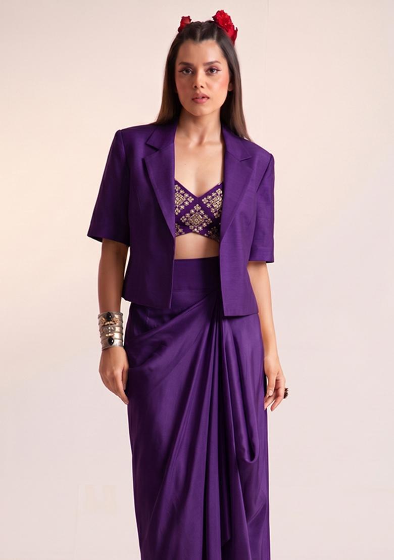 Purple Embroidered Crepe Fusion Set - Indya