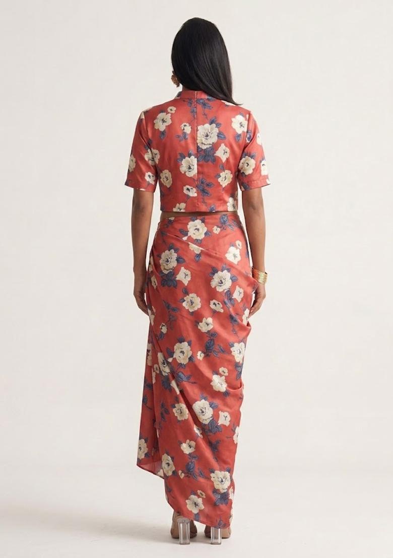 Rust Red Printed Silk Fusion Set - Indya