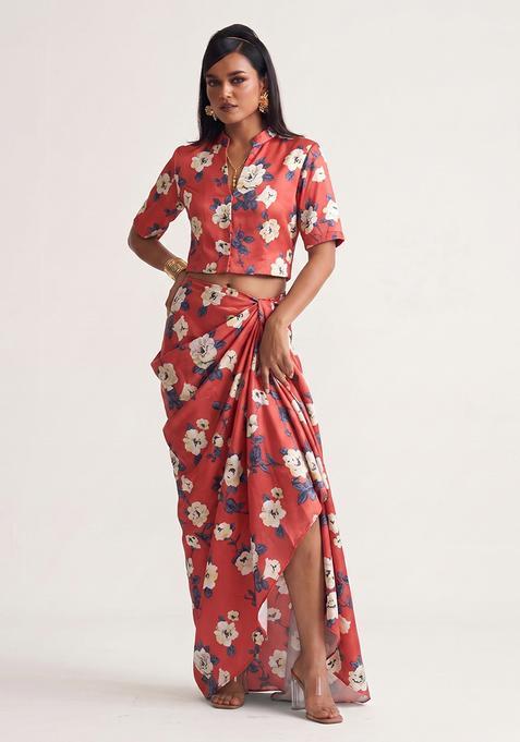 Rust Red Printed Silk Fusion Set