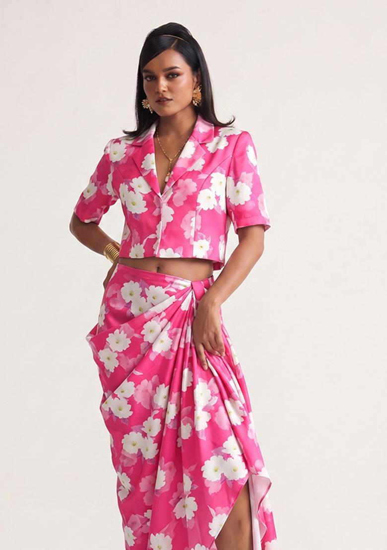 Hot Pink Printed Silk Fusion Set - Indya