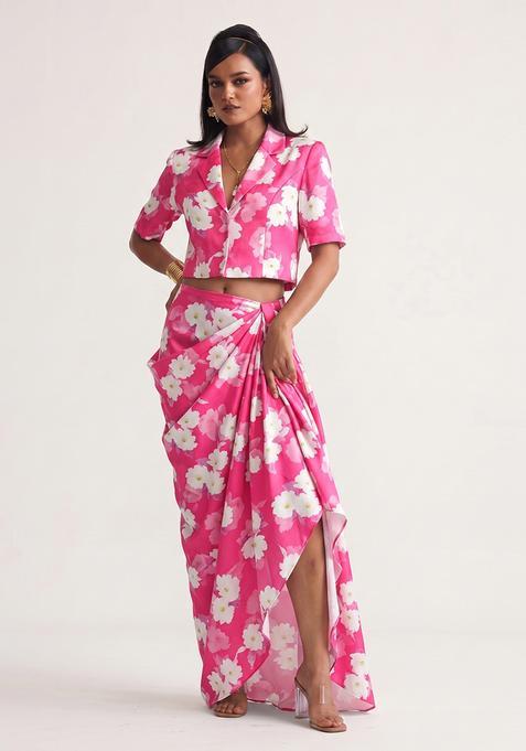 Hot Pink Printed Silk Fusion Set