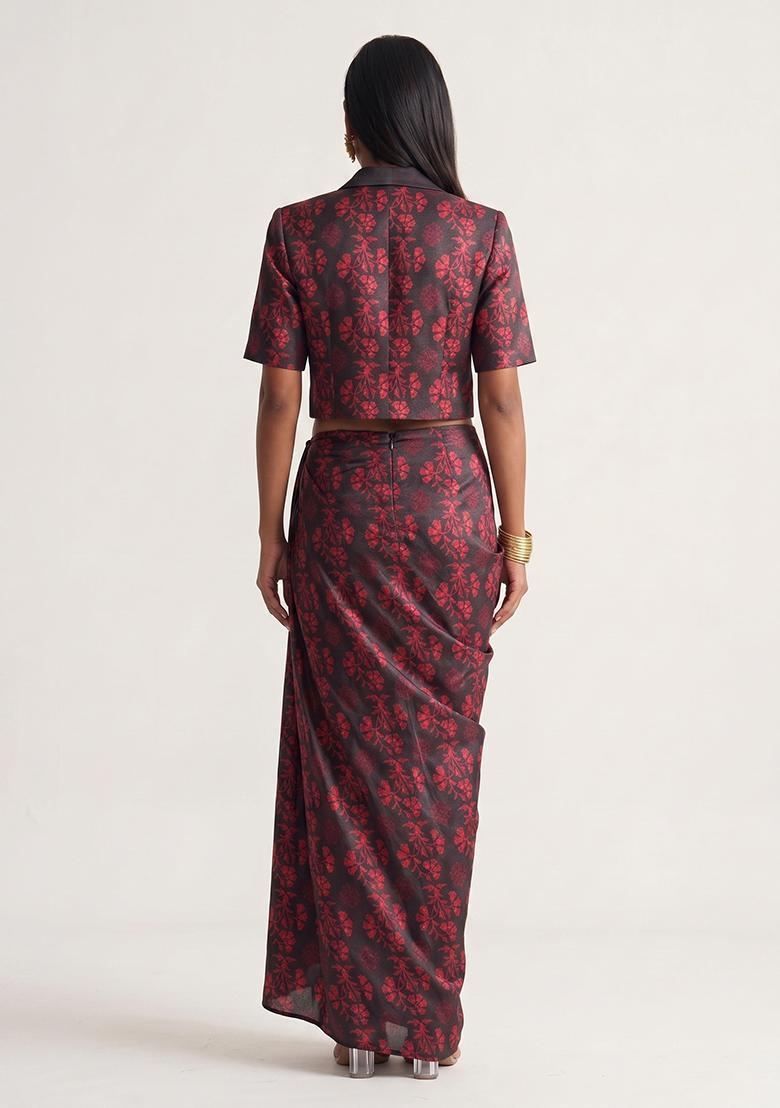 Black-red Printed Poly Blend Fusion Set - Indya