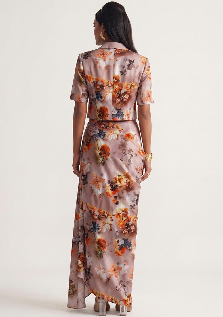 Dusty Rose Printed Silk Fusion Set - Indya