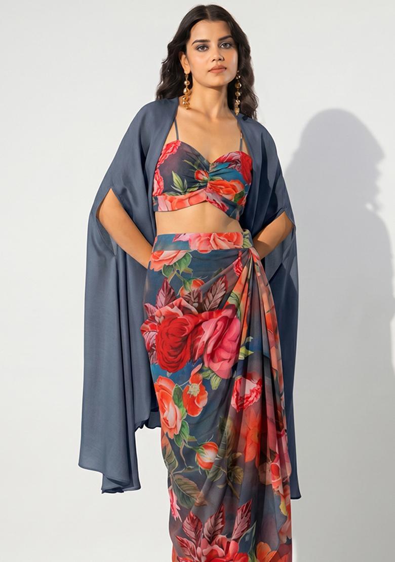 Slate Blue Printed Georgette Fusion Set - Indya