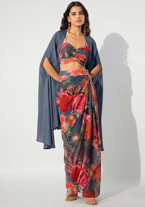 Slate Blue Printed Georgette Fusion Set