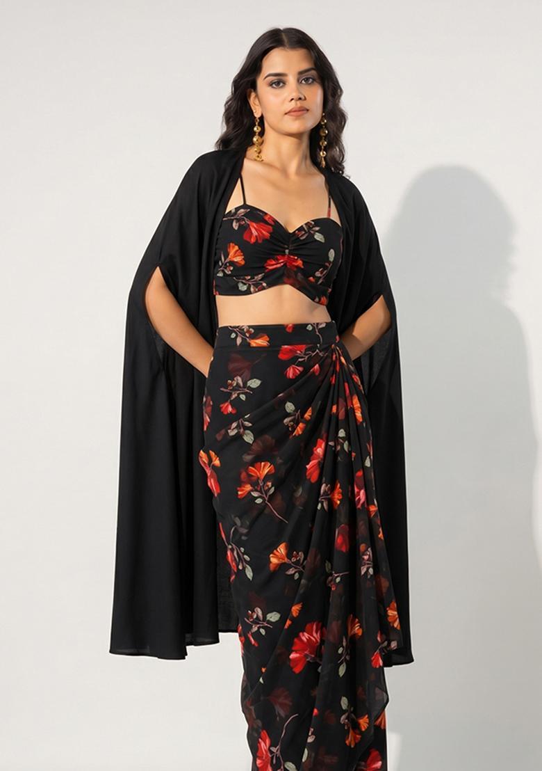 Black Printed Georgette Fusion Set - Indya