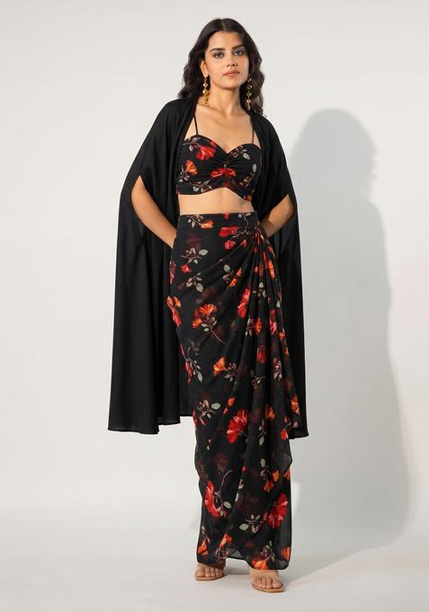 Black Printed Georgette Fusion Set
