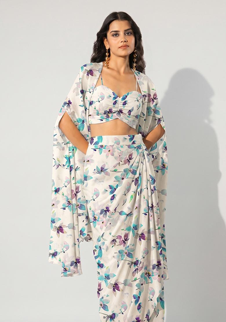 Off White Printed Muslin Fusion Set - Indya