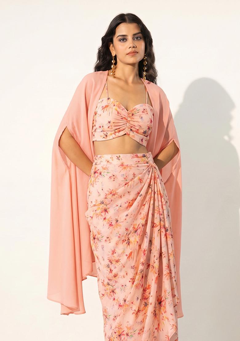 Peach Printed Muslin Fusion Set - Indya